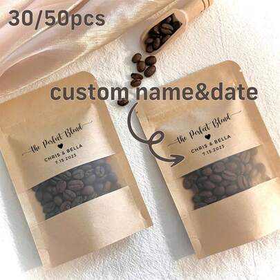 30/50pcs Wedding Coffee Gift Bags (Coffee Beans Not Included), Customized Coffee Bags, Wedding Party Favors, Resealable Bags For Coffee, Chocolate Beans Storage