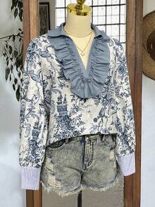 女士时尚优雅蓝色花卉瓷纹V领褶皱蕾丝设计，条纹袖口装饰，长袖宽松衬衫，秋冬款 - 藍白色 - 查看 4