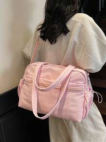 大容量纯色简约尼龙轻便手提行李包，多口袋拉链设计，带干湿分离隔层，适合健身、瑜伽、上学、旅行、度假等场合，可作旅行包、过夜包、耐用旅行收纳包、邮轮必备、度假必备，男女皆宜。