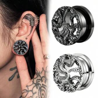 2pcs Exaggerated Octopus Tentacle Stainless Steel Ear Gauges, Hypoallergenic Body Piercing Earrings