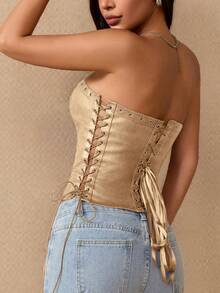 Yuwenier Punk Style PU Leather Rivet Lace-Up Front Open Backless Bustier Crop Top, Suitable For Going Out, Dates, Halloween, Women - Apricot - View 2