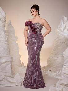 Đầm dạ hội cỡ lớn Mgiacy màu tím đính sequin họa tiết hoa 3D dáng đuôi cá, đầm hè thanh lịch dành cho nữ, phù hợp cho các buổi dạ tiệc, liên hoan và kỳ nghỉ. - Màu tím - Xem 3