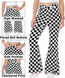 Womens High Waisted Plaid Bell Bottom Jeans Stretch Checkered Flare Denim Panthalloween - 黑色格子 - 查看 7
