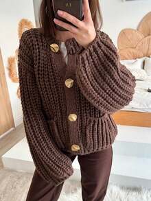 SHIBASHAN Women Autumn Casual Metal Buttons Loose Chunky Knitted Coat Solid Round Neck Long Sleeve Cardigan
