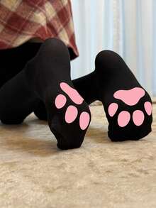 1/2 Par de Meias Soquete Sobre o Joelho com Estampa de Pata de Gato Rosa 2D, Disponível em Preto e Branco, Meias Estilo Japonês Fofo JK, Meias Altas Lolita, Adequadas para Looks Diários Adoráveis, Festas Casuais, Estilo Suave e Doce, Looks de Festa, Presentes Diários, Presentes de Aniversário