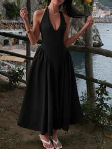 Unadoll 女士性感低胸系带露背连衣裙，春季新款，收腰设计，拉链款式，优雅迷人，适合海滩度假、约会、郊游、派对、生日、情人节等各种场合。 - 黑色 - 查看 8