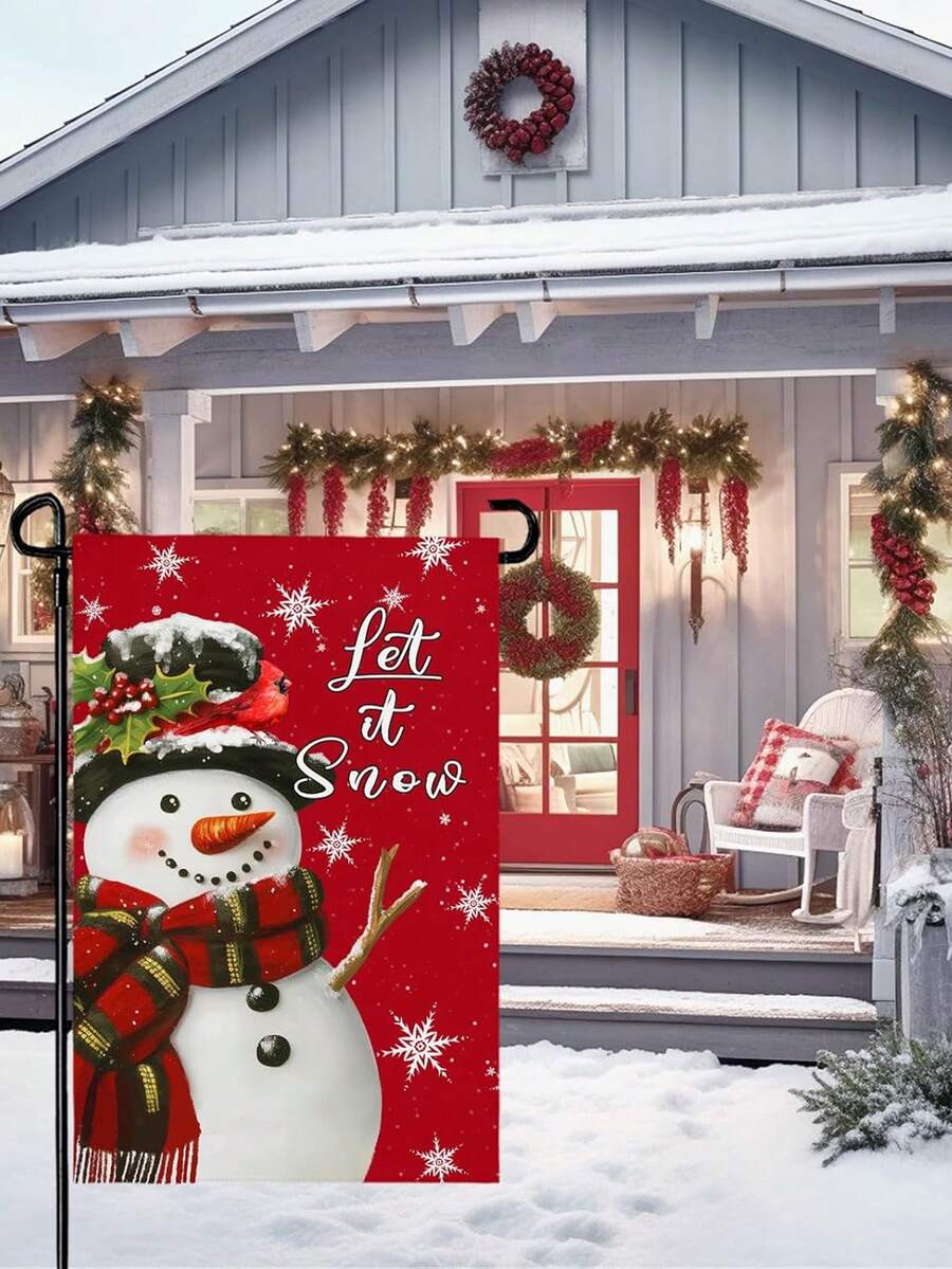 1 pieza Decoración colgante textil de muñeco de nieve "Que Nieve", bandera de patio de invierno con copos de nieve, pancarta impresa a doble cara de 12x18 pulgadas de lino sintético, decoración navideña y de invierno para el hogar, adecuada para el hogar, jardín, porche, cafetería, granja, asta de bandera no incluida