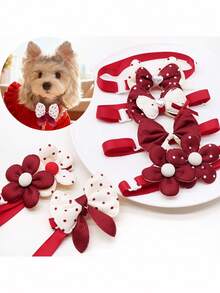 6件套创意红色花卉宠物领结，适合小型犬猫，是情人节主题婚礼和万圣节的完美之选，款式多样。
