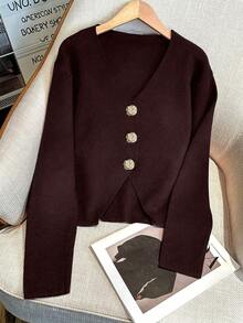 Women's Casual Slim Fit Solid Color V-Neck Drop Shoulder Metal Button Hem Slit Long Sleeve Knit Cardigan Loose Outerwear, Spring/Summer/Autumn - Burgundy - View 9