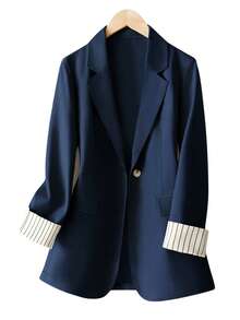 大码女式休闲/工作袖口条纹撞色单扣长袖西装外套