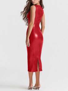 Sedessea 圣诞红色仿PU皮革无袖时尚优雅修身派对连衣裙，女士优雅款 - 紅色 - 查看 6