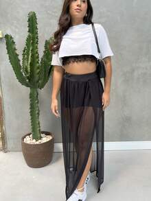Women's Long Tulle Skirt For Festival Or Clubbing With Elegant Slit Casual Transparent Side Opening - 黑色 - 查看 9