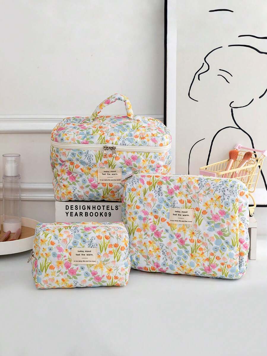 1 Set Of 3 Floral Pattern Portable Cosmetic Bags, 1 Fashionable Casual Large Capacity Zipper Cosmetic Bag, 1 Travel Makeup Bag For Storing Sanitary Napkins, Toiletries, Desktop Organizer - Multicolor - View 1
