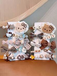 Sanrio 10 piezas de accesorios para niñas de Sanrio, accesorios infantiles, pasadores de cabello para niños, pasadores de cabello para niñas, pasadores de cabello con moño de tela, pasadores de cabello para Hello Kitty, gatos lindos y flequillo lateral