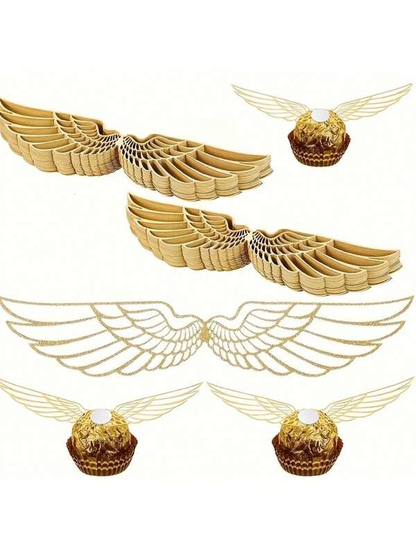 50pcs Glitter Golden Winged Chocolate Plaques For Decoration Only- Delicate Art For Wizard Themed Birthday Parties Chocolate Cake Wings Wafer Decorations- Shower Enchanting Cake & Cupcake Toppers Decor, Back To School Valentine Day
