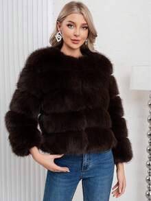 Elegant Women's Faux Fur Coat Brown Color Regular Sleeve Round Neck Wrist Length Contrast Faux Fur Design Warm Lined For Winter Christmas And New Year - Coffee Brown - View 4