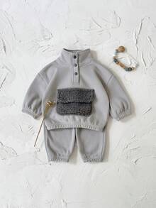 2件套男婴保暖加厚长袖圆领卫衣长裤套装，适合秋冬季穿着 - 深灰色 - 查看 7