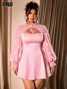 RNU Plus Size Women's Elegant High-Stretch Solid Color Fabric, Chiffon Sleeve Panels, Bow Tie Neckline, 3D Pearl Decor, Women's Plus Size New Autumn/Winter Outfit, Suitable For Concerts, Fashionable Versatile Outerwear For Parties, Gatherings, Dates, Christmas, New Year, Wedding Guest Attire, A-Line Silhouette, Fashionable Long Sleeve Dress - Pink - View 4