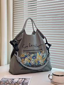 Women's Shoulder Tote Bag, Bohemian Style Floral Embroidery Pattern, Large Capacity, Lightweight, Foldable, Suitable For Commuting, Travel, Shopping, Dating, Christmas Gift, Tote Handbag, Work Bag, Women Purse