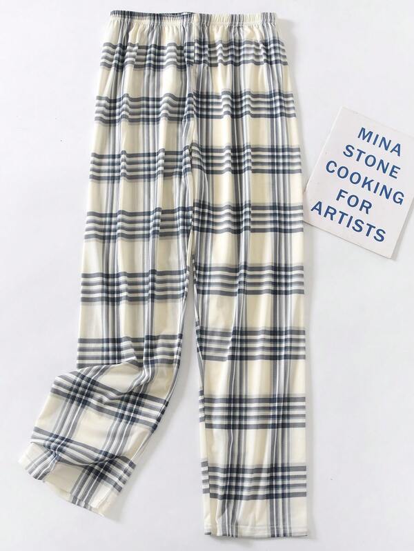 1 Peça Calça de Pijama Casual Folgada e Estampada em Xadrez para Homens, Adequada para Uso Externo no Outono/Inverno, Plus Size