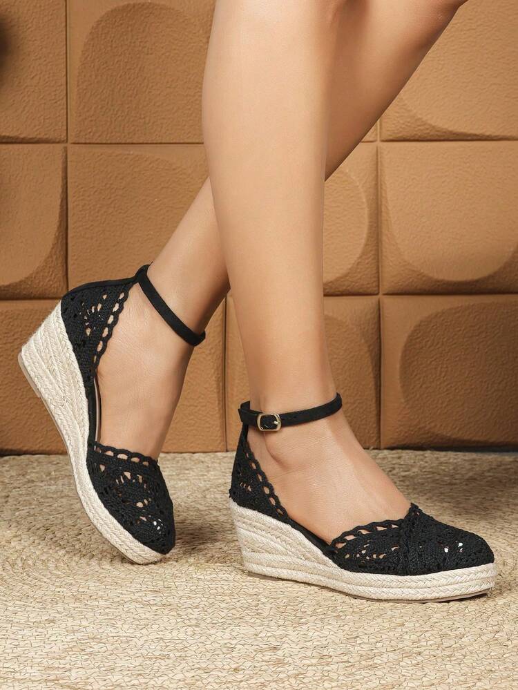 女士麻绳坡跟蕾丝镂空休闲包头圆头镂空厚底高跟草编凉鞋，百搭渔夫凉鞋 - 黑色 - 查看 15