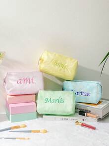 Embroidered Name Cosmetic Bag, Customized Makeup Bag, Sanitary Pad Storage Bag, Travel Makeup Bag, Personalized Storage Bag, Multi-Functional, Decorative, Letter, Solid Color, Exquisite, Fashionable, Retro, Modern, Vibrant Color, Casual, Basic Style, Casual, Birthday Gift/Christmas Gift/Valentine's Day Gift/Mother's Day Gift - Multicolor - View 7