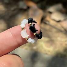 1/2pcs黑白猫戒指，松紧可调节，时尚设计，简约拼接戒指，情侣小众独特设计，ins酷炫风格，轻奢气质 - 彩色 - 查看 3