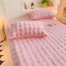 3pcs Set: 1pc Thickened Solid Color Faux Fur Fitted Sheet + 2pcs Pillow Shams, All-Around Wrap-Around Design To Prevent Bed Slip, Machine Washable, Warm & Comfortable For Bedroom, Home, And Dorm Use - Pink - View 6