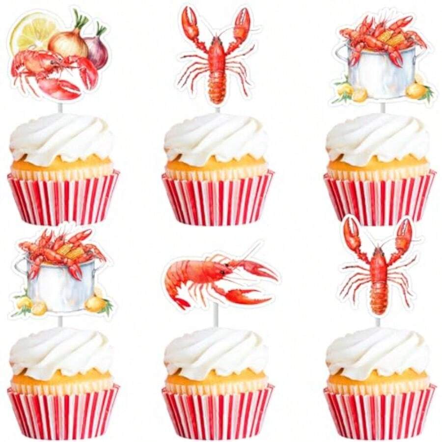 DCheereveal 24Pcs Watercolor Crawfish Cupcake Toppers Lobster Shaped Cake Decorations Ocean Sea Animals Theme Birthday Baby Shower Party Plies - As Pic - View 1