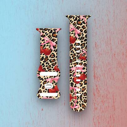 1pc Leopard Print Bow Silicone Watch Band, Compatible With Apple Watch Band 38/40/41/42/S10, 42/44/45/46/49mm, Comfortable Soft Breathable Band, Compatible With Apple Watch Ultra2/SE/10/9/8/7/6/5/4/3/2/1 Series, Women's Watch Strap, Exquisite Feminine Fashion Watch Accessory, Smartwatch Band, Floral Element Watch Strap, Unique Personalized Style Band, Valentine's Day Mother's Day Gift