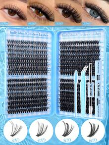 Kit extensii gene DIY 640 buc, kit gene cluster, kit gene DIY 10D-100D D Curl, cu lipire și sigilare gene, pensetă, perie pentru gene, carte de gene cu autoaplicare acasă (4 stiluri mixte), călătorie de Crăciun