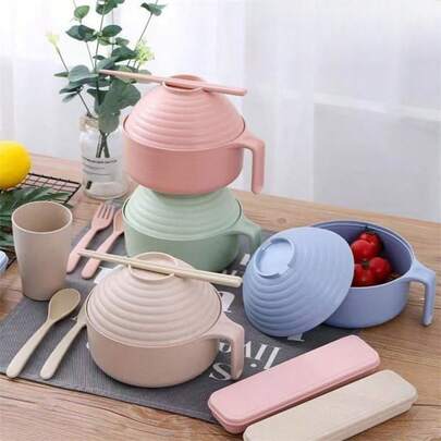 4pcs Wheat Straw Ramen Bowls With Lids, Student Dorm Tableware Set With Bowls, Forks And Spoons