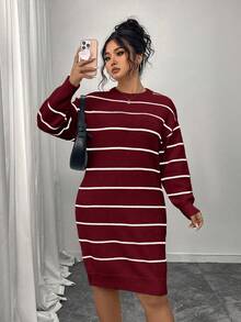 Plus Size Casual Color Block Striped Ribbed Crew Neck Sweater Dress, Autumn/Winter - Red - View 4
