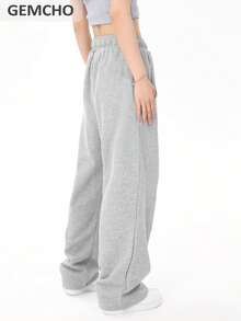GEMCHO 女士抽绳腰宽松阔腿休闲运动裤，带口袋，针织面料略带弹性，适合休闲、跑步、慢跑、健身等各种场合，四季皆宜的长裤 - 灰色 - 查看 2
