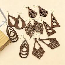 6pairs Bohemian Style Wooden Hollow Earrings, Geometric Teardrop Triangle Design Dangle Earrings, Suitable For Daily Wear, Women's Jewelry For Holidays And Parties, Lightweight Suitable For Autumn/Winter - Brown - View 4