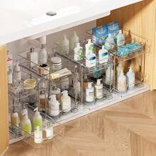 Vtopmart 4 Pack Bathroom Organizer, 2 Tier Clear Under Sink Organizers Vanity Countertop Storage Container,Cabinet Drawers Bins, Pull-Out Organization With Track For Pantry, Kitchen - 清除 - 查看 3