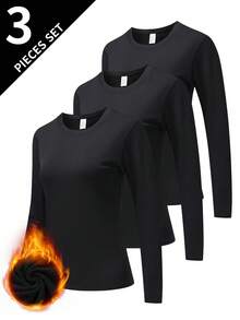 3 Pack Round Neck Long Sleeve Regular Thermal Underwear Top  Thick And Keep Warm Warm Top - Black - View 2