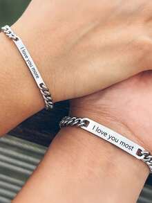 2条个性化时尚金属“Forever”刻字情侣手链，扁平椭圆链，朋克风情人节周年纪念礼物，情侣对戒 - I love you more - 查看 12