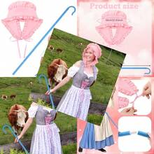 2 Pcs Halloween Shepherdess Costume Pink Medieval Bonnet And Blue Staff For Women Halloween Christmas Cosplay Party