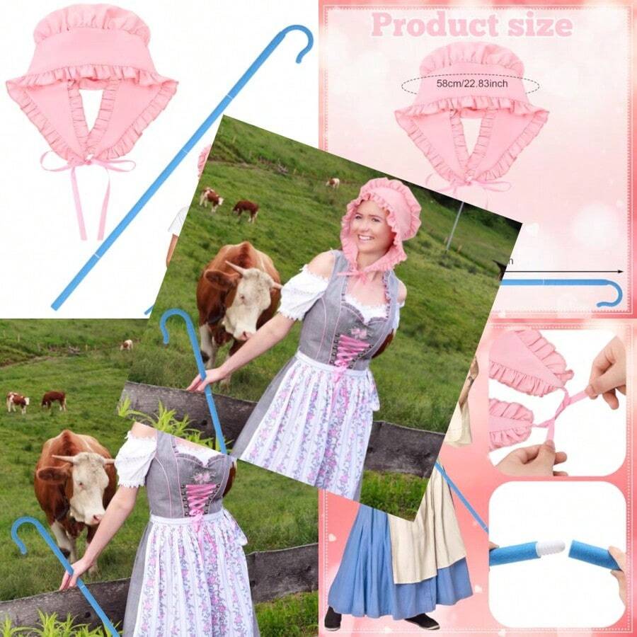 2 Pcs Halloween Shepherdess Costume Pink Medieval Bonnet And Blue Staff For Women Halloween Christmas Cosplay Party