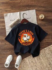 Tween Boy“Steve The Turkey”图案短袖T恤，柔软舒适的夏季上衣 - 藏蓝色 - 查看 3