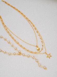 1/2pcs Set Vintage Minimalist Elegant Star Pendant Necklace With Faux Pearl Embellished Y-Shaped Long Chain, Versatile Jewelry Suitable For Women Daily, Party, Date, Vacation, Christmas, Halloween Gift