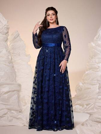 New Arrival Elegant Plus Size Evening Dress, Round Neck, Sequin Embellished, Contrast Lace Trim, Sheer Effect, Long Sleeve, Chiffon, Suitable For Formal Dinner, Party, Wedding Guest
