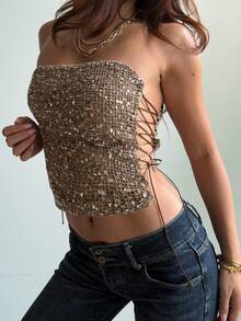 复古 Y2K 闪光钩针系带修身音乐节派对度假女式背心 - 棕色 - 查看 3