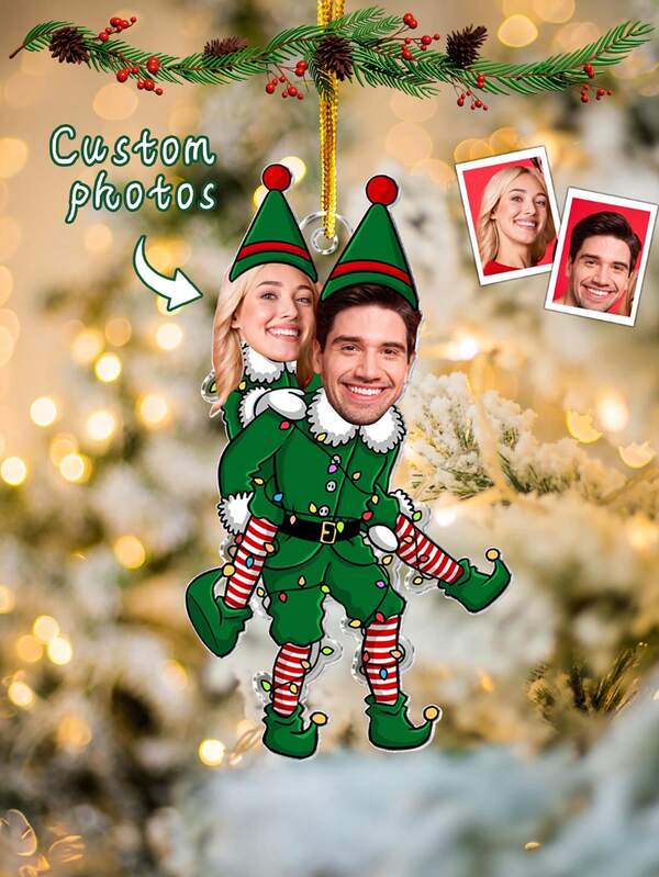 1pc Customized Personalized Couple Funny Elfs Photo Christmas Ornament, Custom Funny Face For Husband Wife, Customized Ornaments With Photo, Photo Gift For Valentine Christmas Anniversary Wedding,Christmas Tree Pendant Customization, Christmas Scene Decoration,