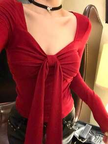 女士蝴蝶结长袖T恤，紧身修身圆领打底衫，春季款 - 紅色 - 查看 4