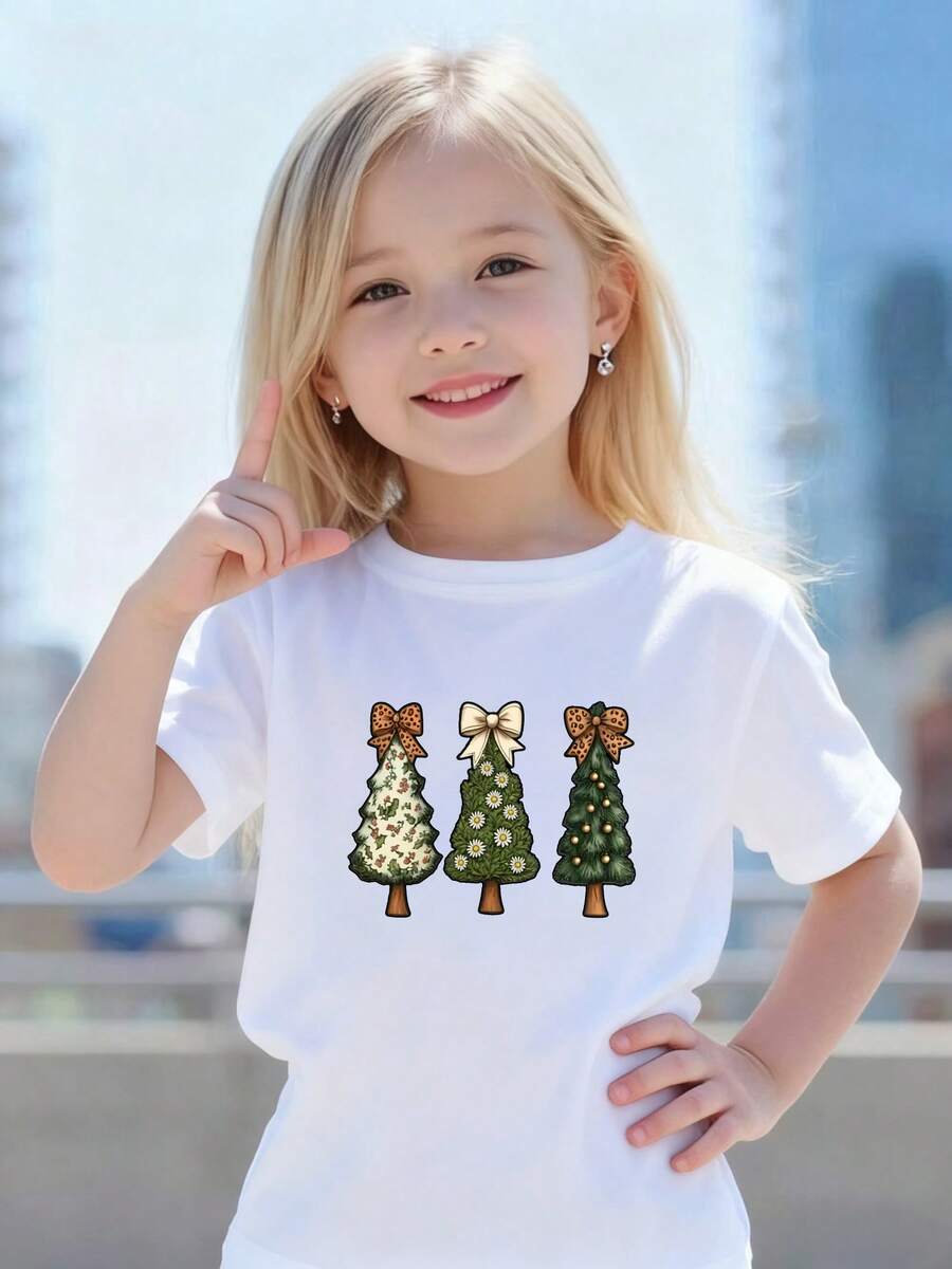 Playeras de niño Árboles de Navidad con lazos blusas para adolescentes sudaderas de niño Regalos navideños Camisetas navideñas Camiseta de Halloween para niñas Camisetas de niña Camisetas para niños y niñas La tela es suave, transpirable y cómoda, hecha de puro algodón. - Blanco - Ver 1