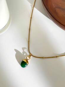 1pc Fashionable Stainless Steel Flat Oval Colorful Mini Stone 18k Gold Waterproof Versatile Women Necklace