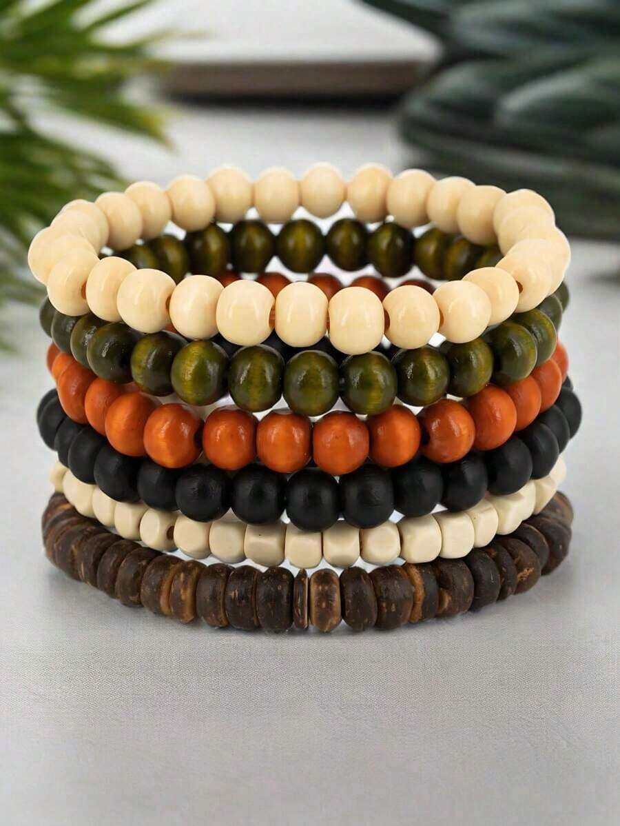 Natural Wood Beaded Bracelets (6PCS/Set) - Men's Handmade Minimalist Jewelry, Suitable For Daily Wear, Family Gifts & Boyfriend Birthday Presents - Multicolor - View 1