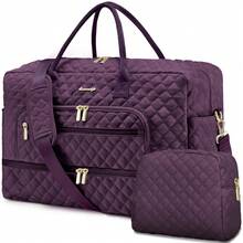Large Women Travel Duffle Bag - Carry On Overnight Bag Weekend Travel Duffel Tote Bag Yoga Gym Bag With Wet Pocket Toiletry Weekender Overnight Bag For Travel Business Trips Sport , Personal Item Travel Bag With Shoes Compartment, Weekender Bag With Wet Pocket & USB Charging Port - 深紫 - 查看 1